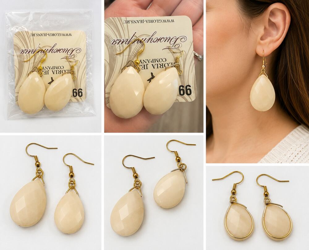 Gloria Jeans Cream Faceted Teardrop Dangle Earrings Gold Tone Hooks